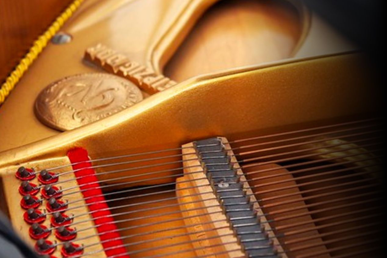 Dettaglio delle corde e meccaniche interne di un pianoforte a coda, immagine simbolo del Corso di Pianoforte alla Scuola e Accademia di Musica Cluster